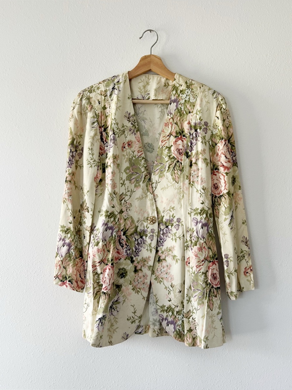 VINTAGE | Dreamy Floral Longline Collarless Blazer Flower Button | M